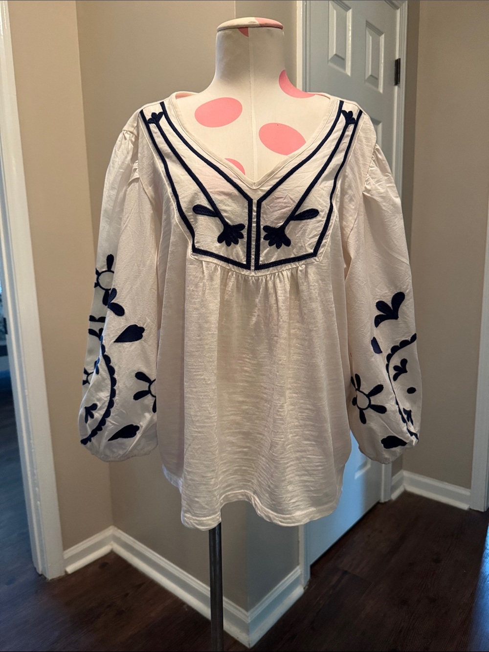 Boho White Peasant Blouse with Navy Embroidery - Women Tops